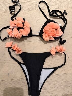 Black Bikini Set with Peach Floral Appliqué